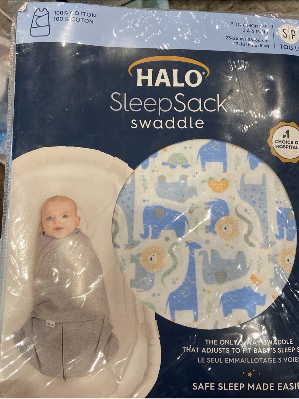 Hospital-Approved Swaddle Blanket, Blue Safari, Small 3-6 Months Halo Sleepsack